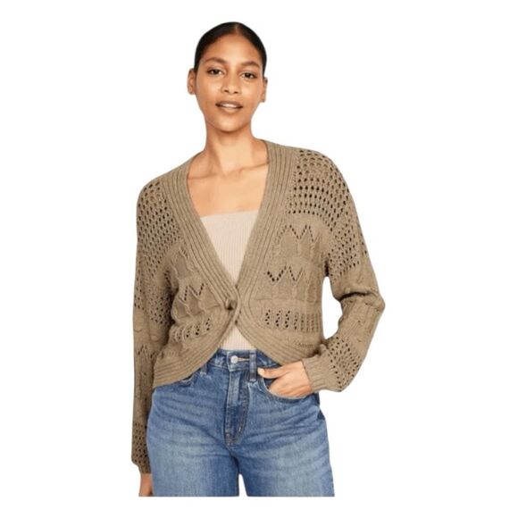 Old Navy Open-Stitch Cropped Cardigan Sweater Oatmeal Heather S - Picture 1 of 7